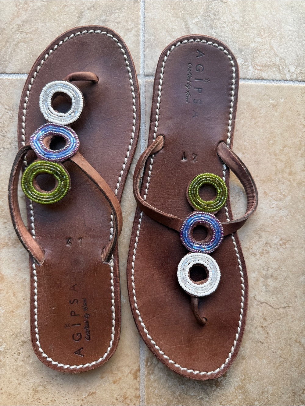 Handmade Beaded Leather Flipflops Thong Sandals Agipsa Size 41 Excellent Quality